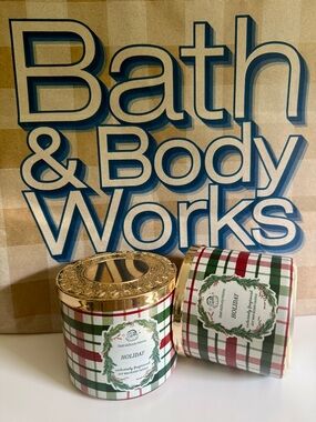 Bath & Body Works Holiday Plaid Candle Bundle Set 2 3 Wick Wax Covered New